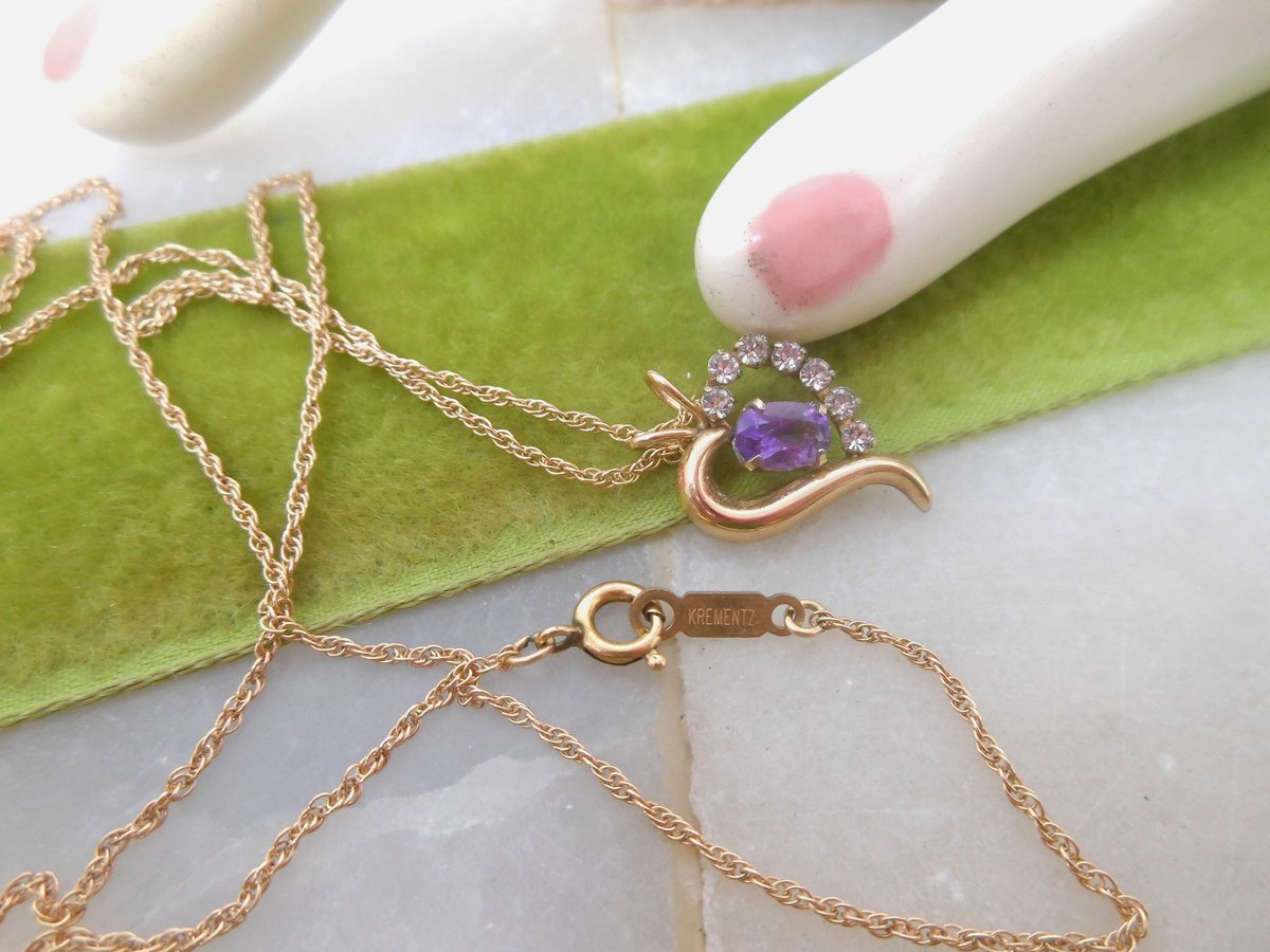 Vintage KREMENTZ Heart Pendant Necklace Minimalist Purple Clear Crystal Gold Overlay Designer Mid Century Jewelry Gift, VivianJoel.com