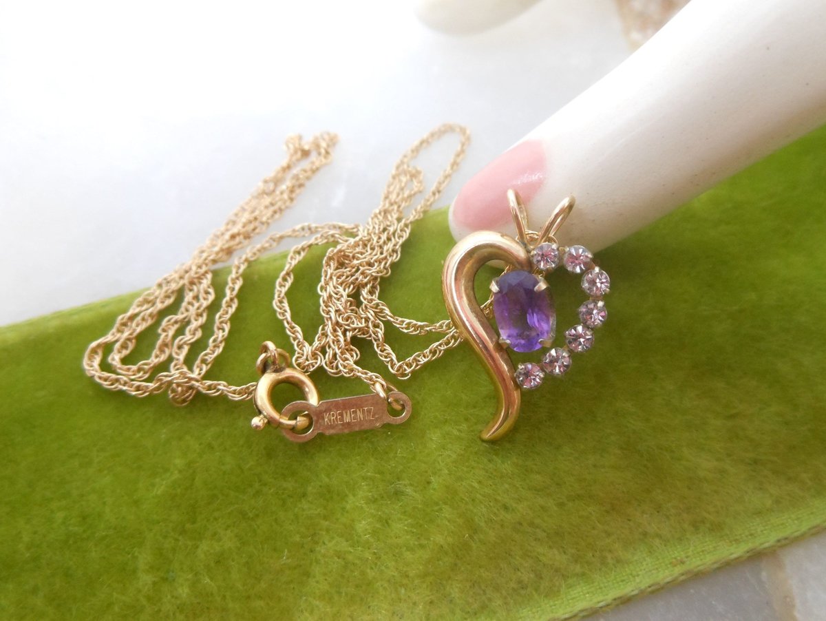 Vintage KREMENTZ Heart Pendant Necklace Minimalist Purple Clear Crystal Gold Overlay Designer Mid Century Jewelry Gift, VivianJoel.com