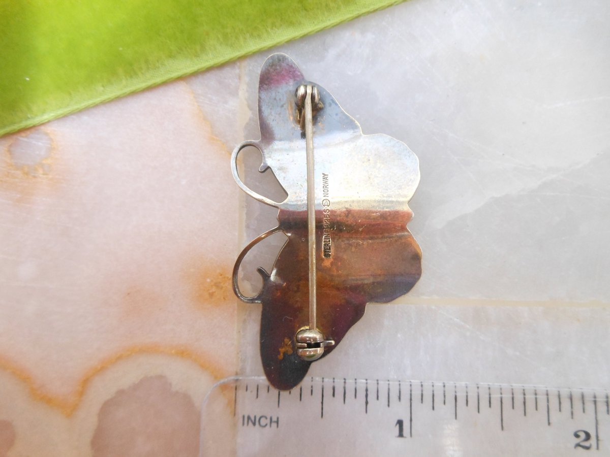 Vintage Norway STERLING SILVER Butterfly Pin Brooch Hroar Prydz Enamel Guilloche Figural 925 Mid Century Jewelry *as is*, VivianJoel.com