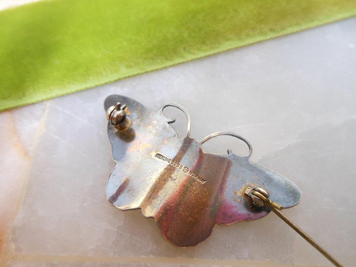 Vintage Norway STERLING SILVER Butterfly Pin Brooch Hroar Prydz Enamel Guilloche Figural 925 Mid Century Jewelry *as is*, VivianJoel.com