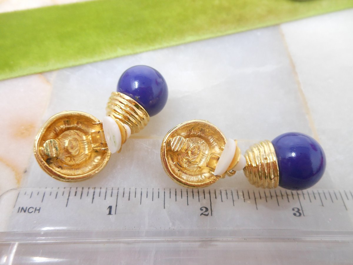 Vintage Designer Statement Earrings Clip On Dangle Drop Navy Blue Lapis Mid Century Gold Plate Jewelry, VivianJoel.com