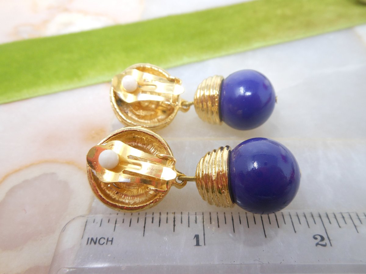 Vintage Designer Statement Earrings Clip On Dangle Drop Navy Blue Lapis Mid Century Gold Plate Jewelry, VivianJoel.com