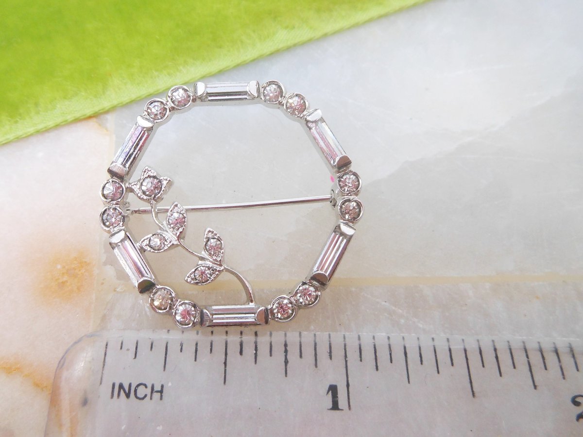 Vintage STERLING SILVER Brooch Crystal Pin Ice Rhinestone Wreath Petite Flower Circle Wedding Mid Century Jewelry Gift, VivianJoel.com