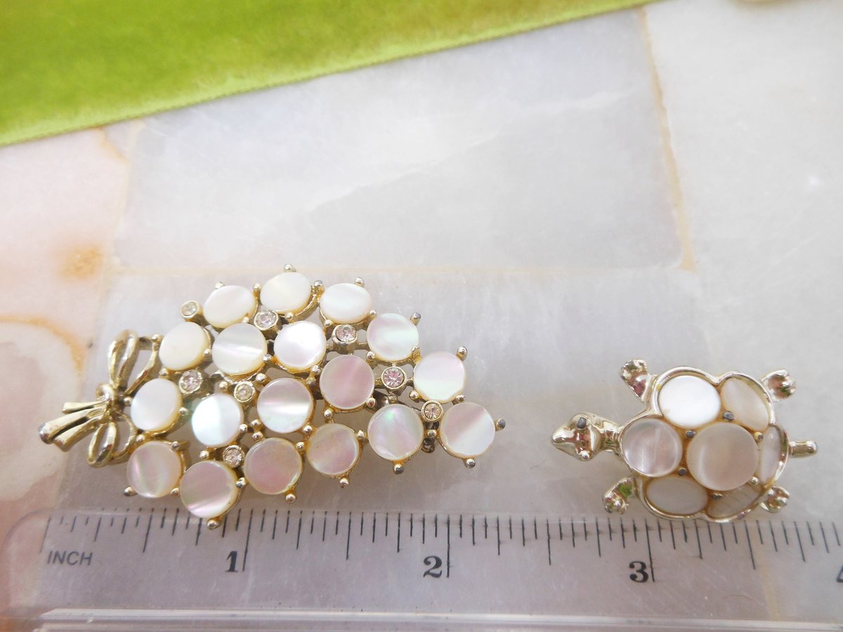 Vintage Mother of Pearl Rhinestone Flower Turtle Pin Brooch LOT 2 AMERIQUE Mid Century Jewelry Gift, VivianJoel.com