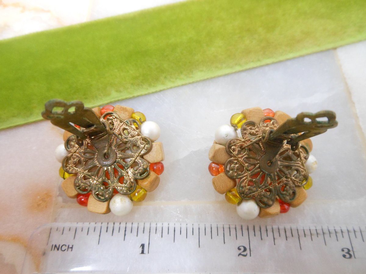 Vintage Orange Earrings Cluster Bead Clip On Glass Faux Pearl White Milk Glass Jewelry Gift Mid Century, VivianJoel.com