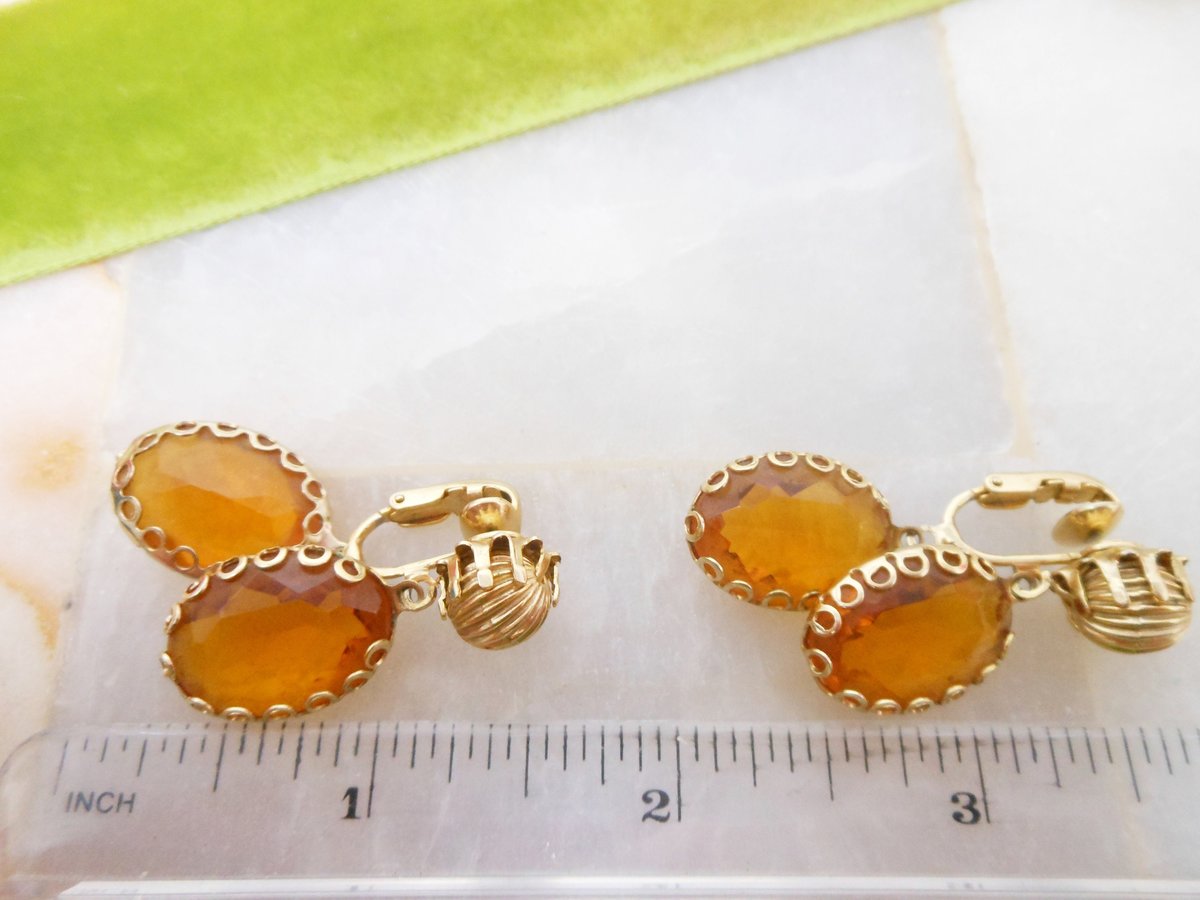Vintage CORO Earrings Dangle Drop Clip On Honey Topaz Glass Designer Mid Century Designer Jewelry Gift, VivianJoel.com