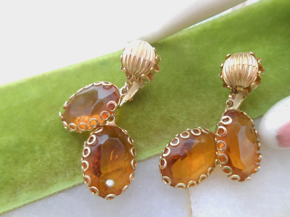 Vintage CORO Earrings Dangle Drop Clip On Honey Topaz Glass Designer Mid Century Designer Jewelry Gift, VivianJoel.com