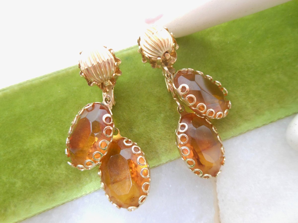 Vintage CORO Earrings Dangle Drop Clip On Honey Topaz Glass Designer Mid Century Designer Jewelry Gift, VivianJoel.com