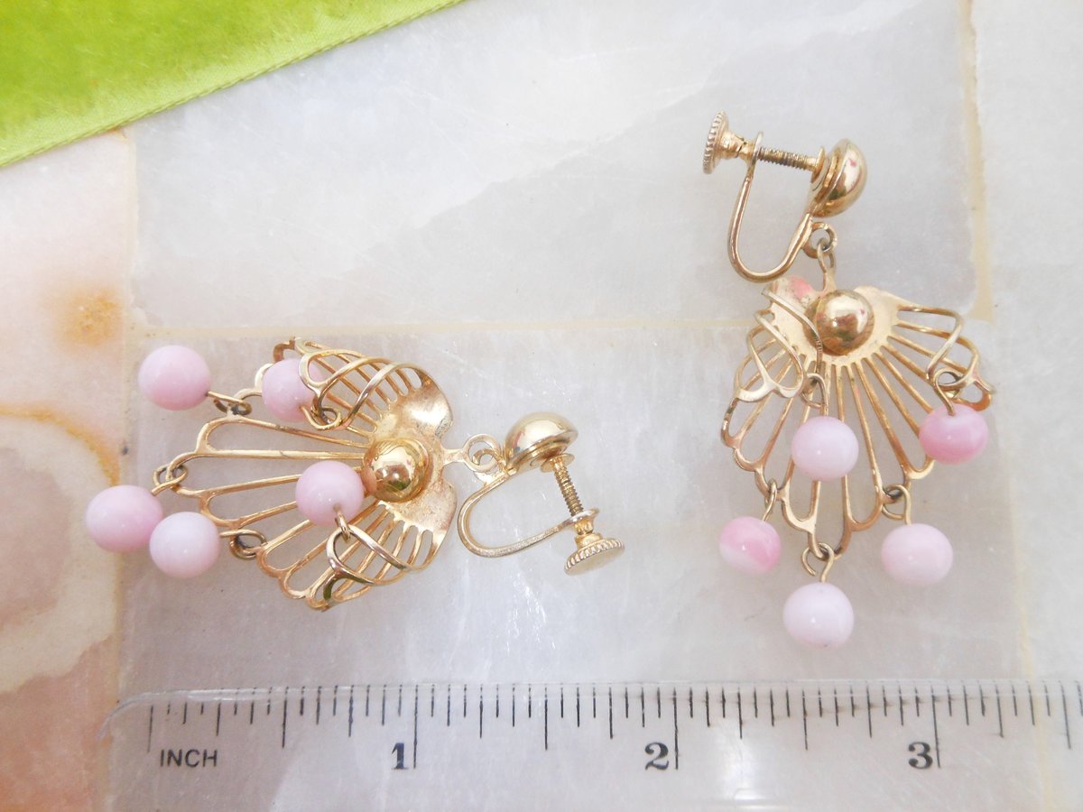 Vintage Pink Glass Earrings Dangle Drop Bead Screw Back Swingy Mod Jewelry Gift Mid Century, VivianJoel.com
