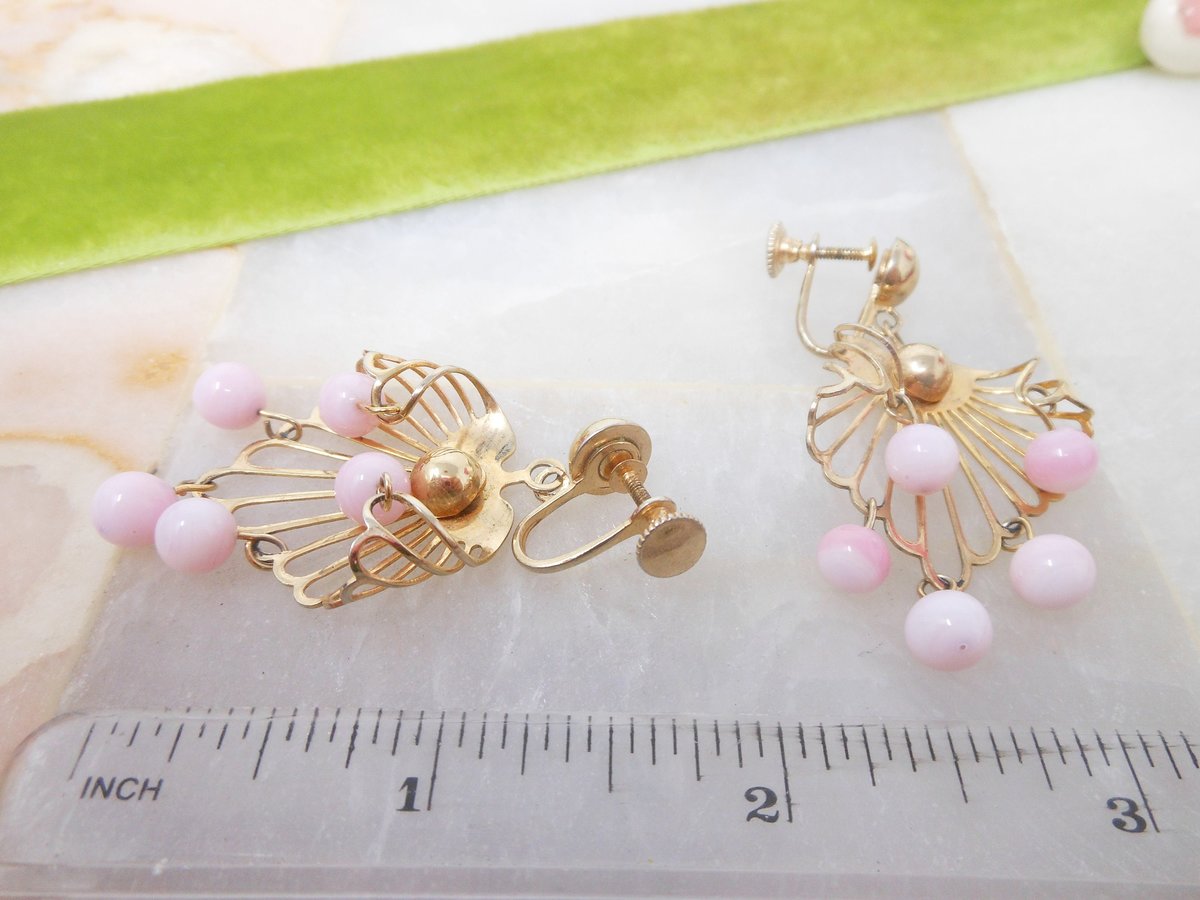 Vintage Pink Glass Earrings Dangle Drop Bead Screw Back Swingy Mod Jewelry Gift Mid Century, VivianJoel.com