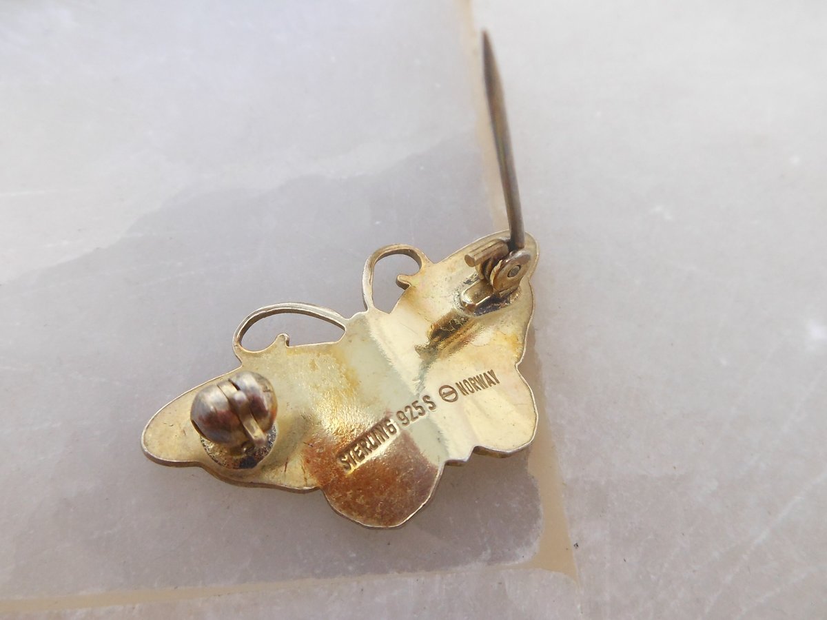 Vintage HROAR PRYDZ Norway STERLING Silver Butterfly Brooch Blue Enamel Guilloche Figural Pin 925 Mid Century Jewelry, VivianJoel.com