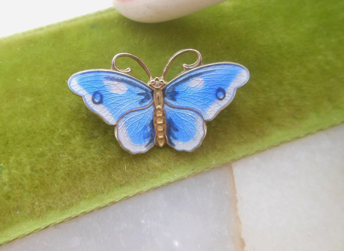 Vintage HROAR PRYDZ Norway STERLING Silver Butterfly Brooch Blue Enamel Guilloche Figural Pin 925 Mid Century Jewelry, VivianJoel.com