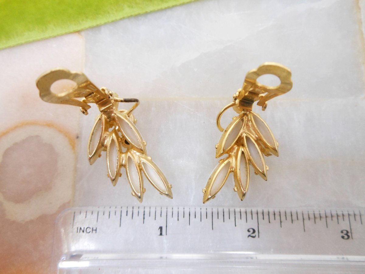 Vintage JULIANA Earrings White Milk Glass Flower AB Rhinestone Ear Climber Clip On Wedding Mid Century Jewelry, VivianJoel.com