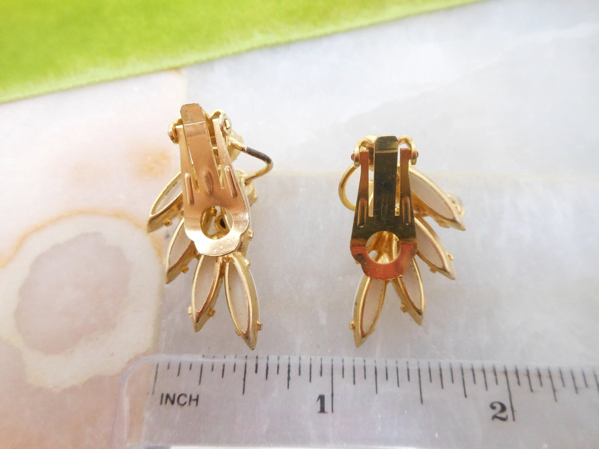 Vintage JULIANA Earrings White Milk Glass Flower AB Rhinestone Ear Climber Clip On Wedding Mid Century Jewelry, VivianJoel.com