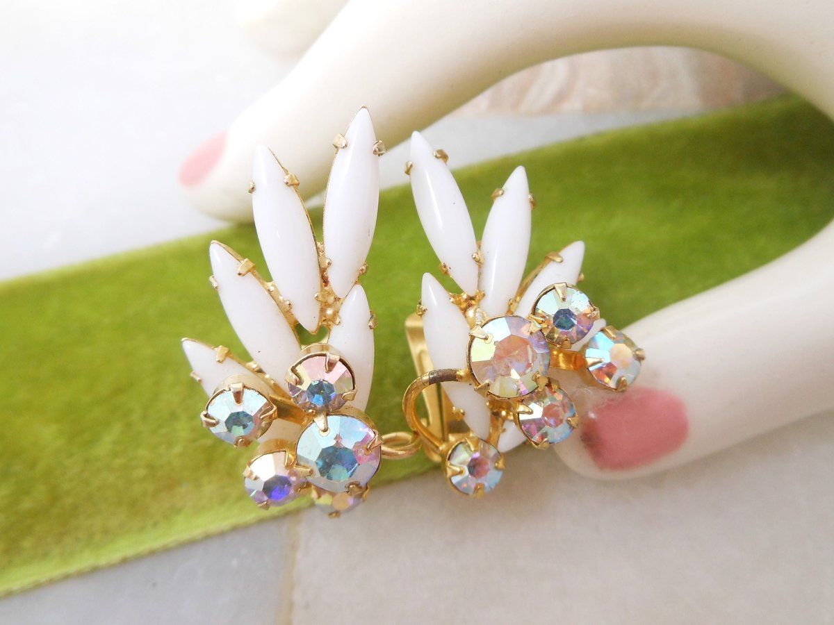 Vintage JULIANA Earrings White Milk Glass Flower AB Rhinestone Ear Climber Clip On Wedding Mid Century Jewelry, VivianJoel.com