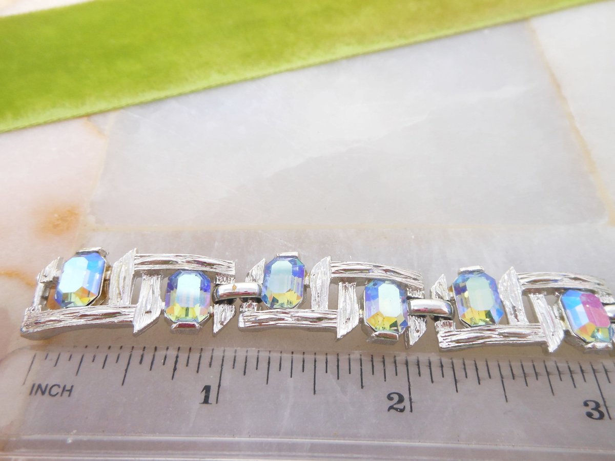 Vintage Crystal Bracelet Aurora Borealis Blue Ombre Yellow Rhinestone Victorian Regency Revival Mid Century Jewelry Gift, VivianJoel.com