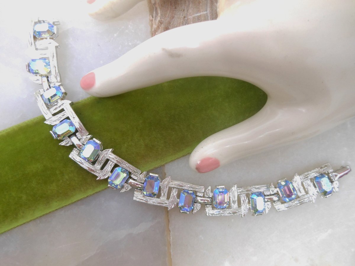 Vintage Crystal Bracelet Aurora Borealis Blue Ombre Yellow Rhinestone Victorian Regency Revival Mid Century Jewelry Gift, VivianJoel.com