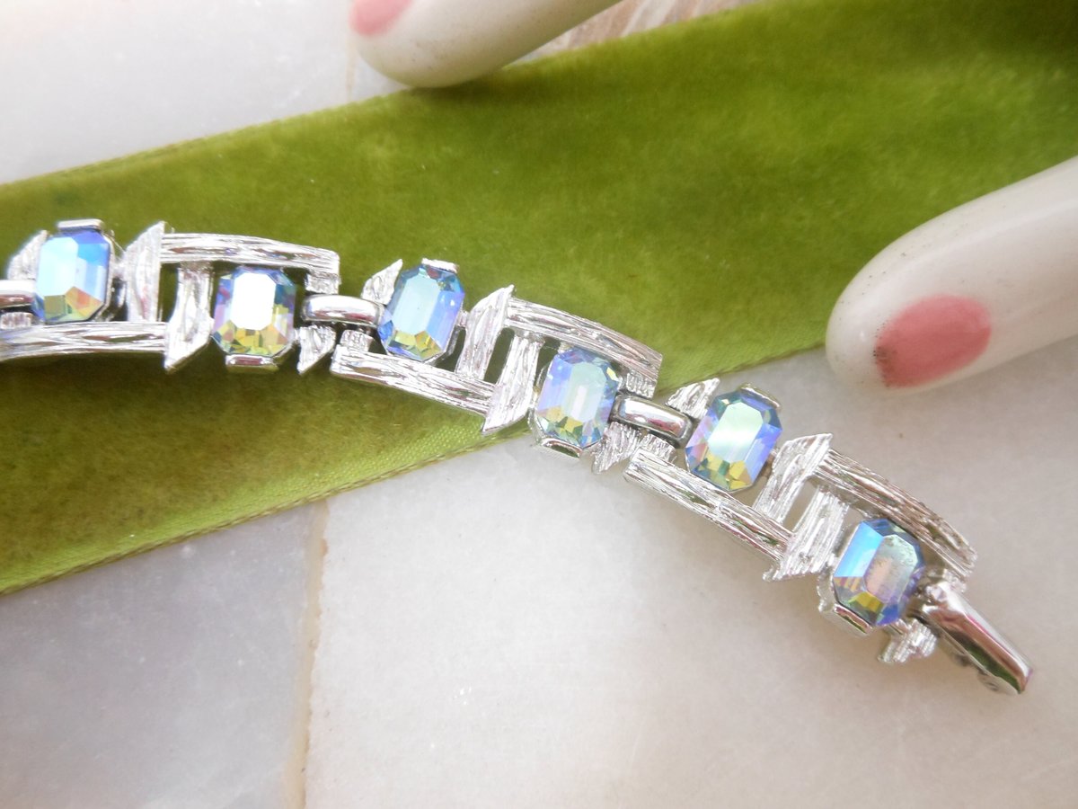 Vintage Crystal Bracelet Aurora Borealis Blue Ombre Yellow Rhinestone Victorian Regency Revival Mid Century Jewelry Gift, VivianJoel.com