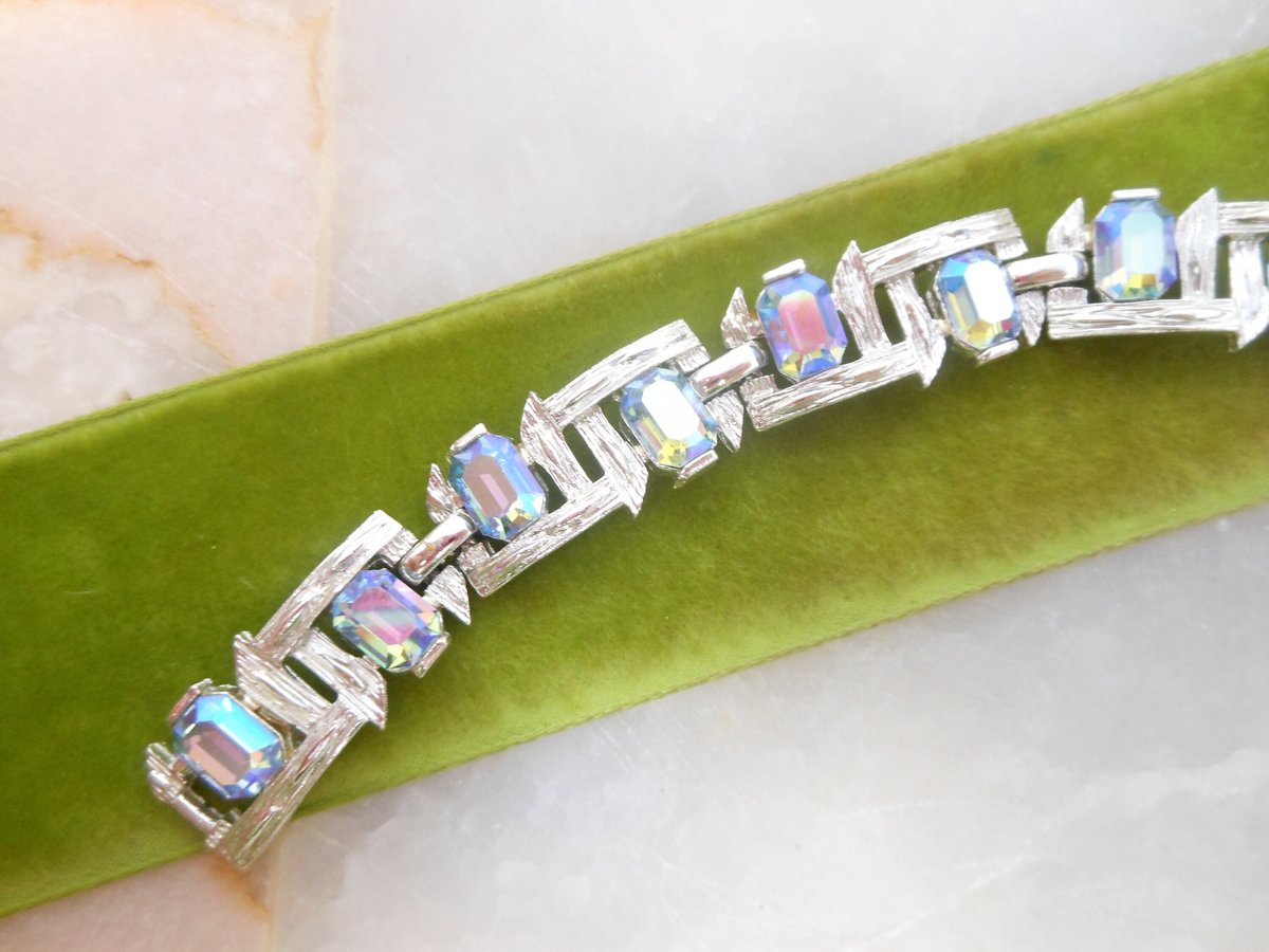 Vintage Crystal Bracelet Aurora Borealis Blue Ombre Yellow Rhinestone Victorian Regency Revival Mid Century Jewelry Gift, VivianJoel.com