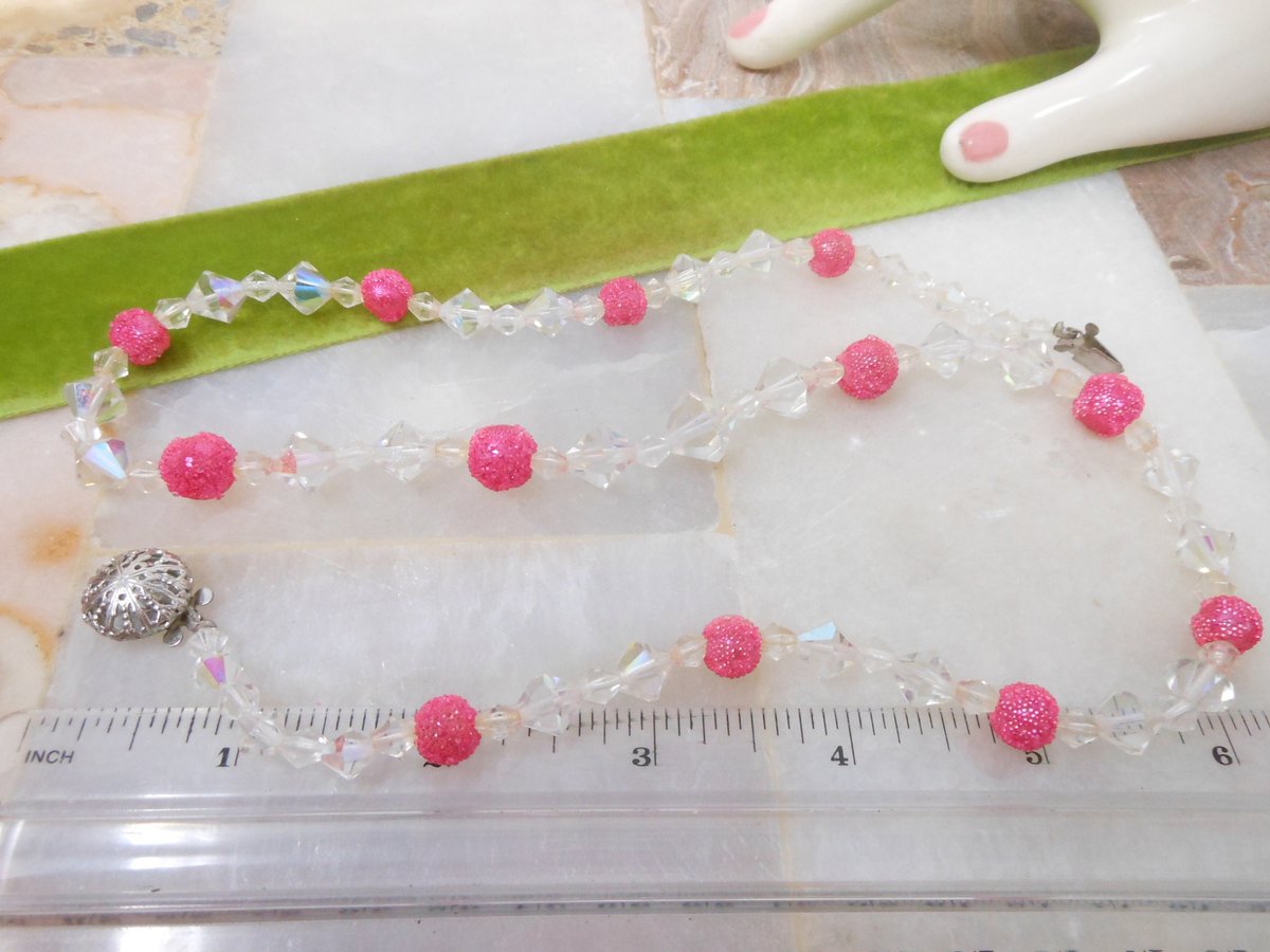 Vintage Pink Bead Crystal Necklace Sugar Bicone Aurora Borealis Mid Century Jewelry Gift, VivianJoel.com