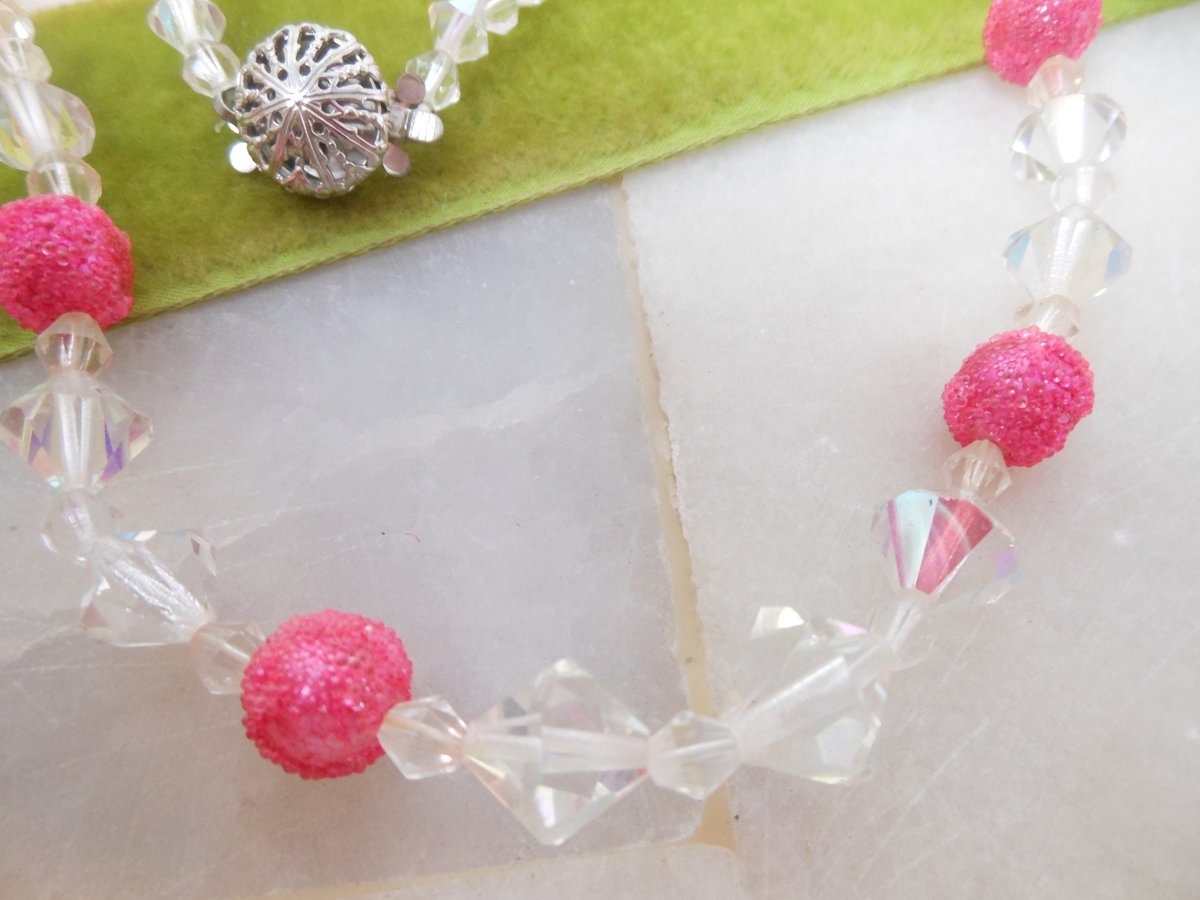 Vintage Pink Bead Crystal Necklace Sugar Bicone Aurora Borealis Mid Century Jewelry Gift, VivianJoel.com