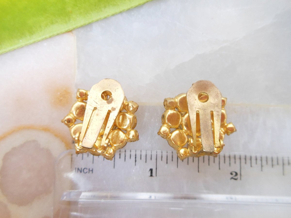 Vintage AUSTRIA Earrings Clip On Green Orange Crystal Rhinestone Flower Jewelry Gift Mid Century Designer, VivianJoel.com