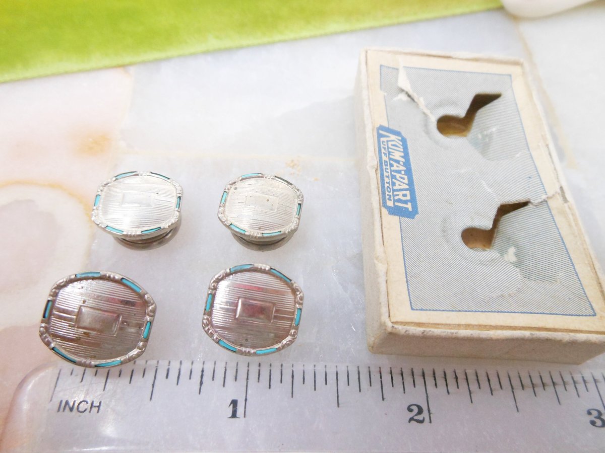 Vintage B & W Cufflink Kum A Part Art Deco Snap Cuff Pin Blue Enamel Silverplate 1923 Groom Best Man Gift, VivianJoel.com