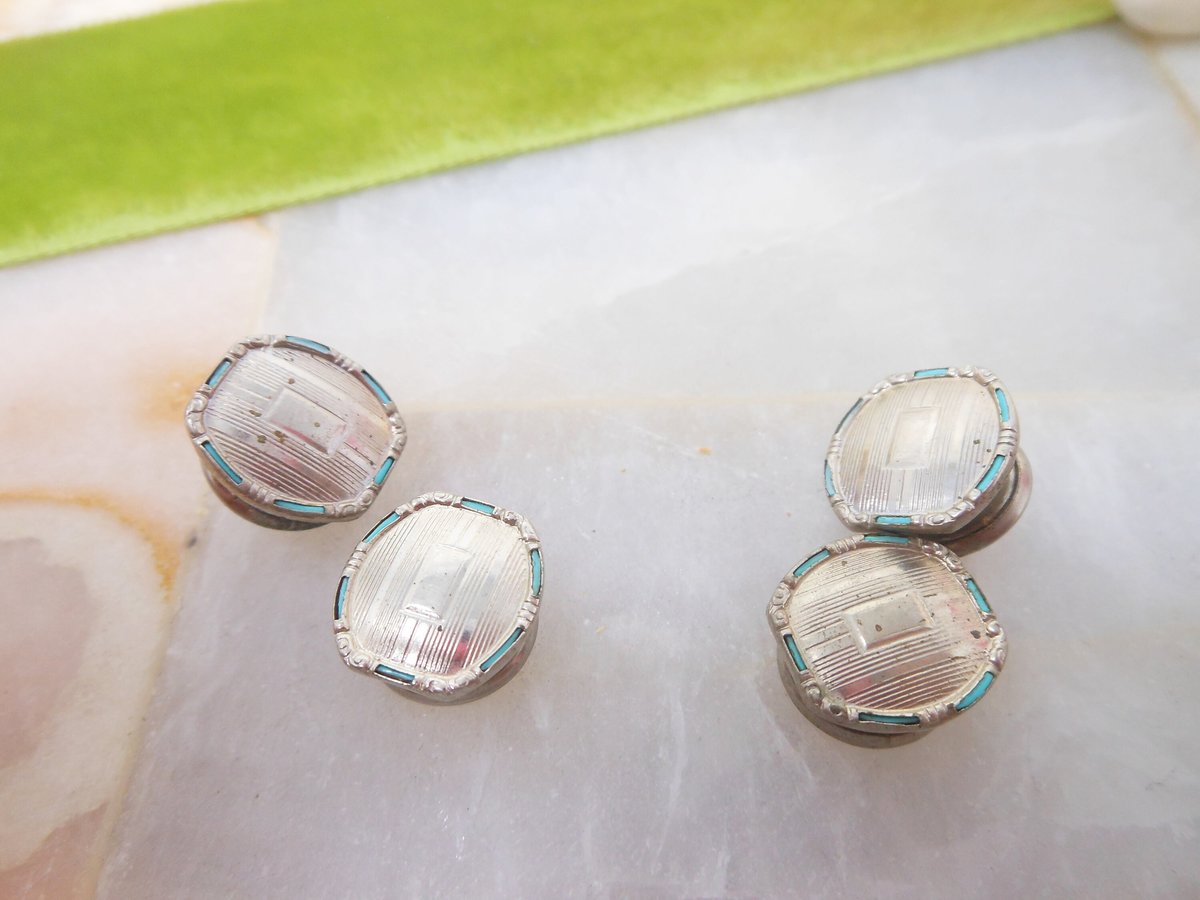 Vintage B & W Cufflink Kum A Part Art Deco Snap Cuff Pin Blue Enamel Silverplate 1923 Groom Best Man Gift, VivianJoel.com