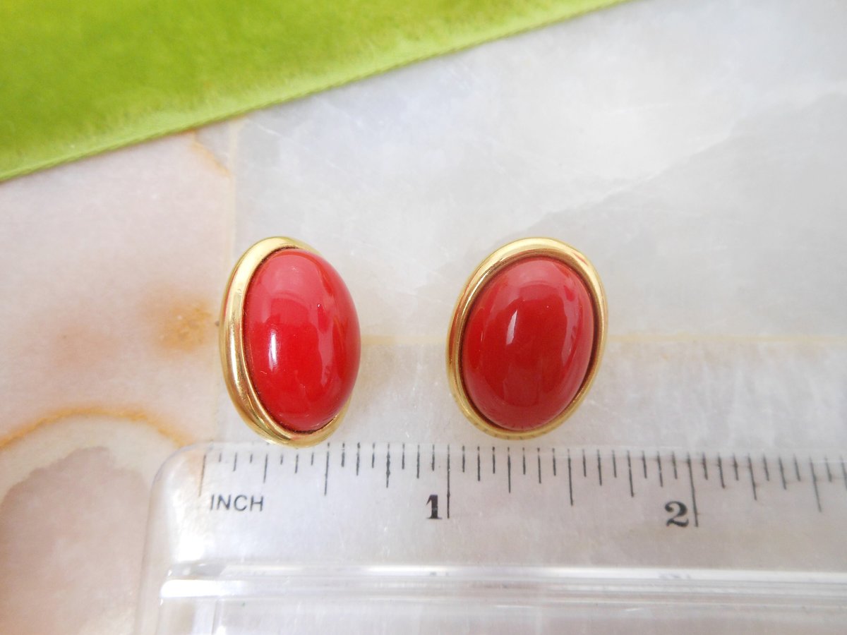 Vintage TRIFARI TM Red Lucite Earrings Pierced Post Gold Plate Modern Designer Jewelry Gift, VivianJoel.com