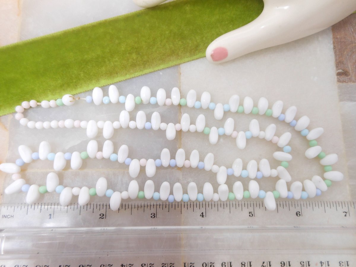 Vintage Milk Glass Bead Necklace Pastel Pink Blue Green Repurpose Reuse Restring Jewelry Mid Century Gift, VivianJoel.com