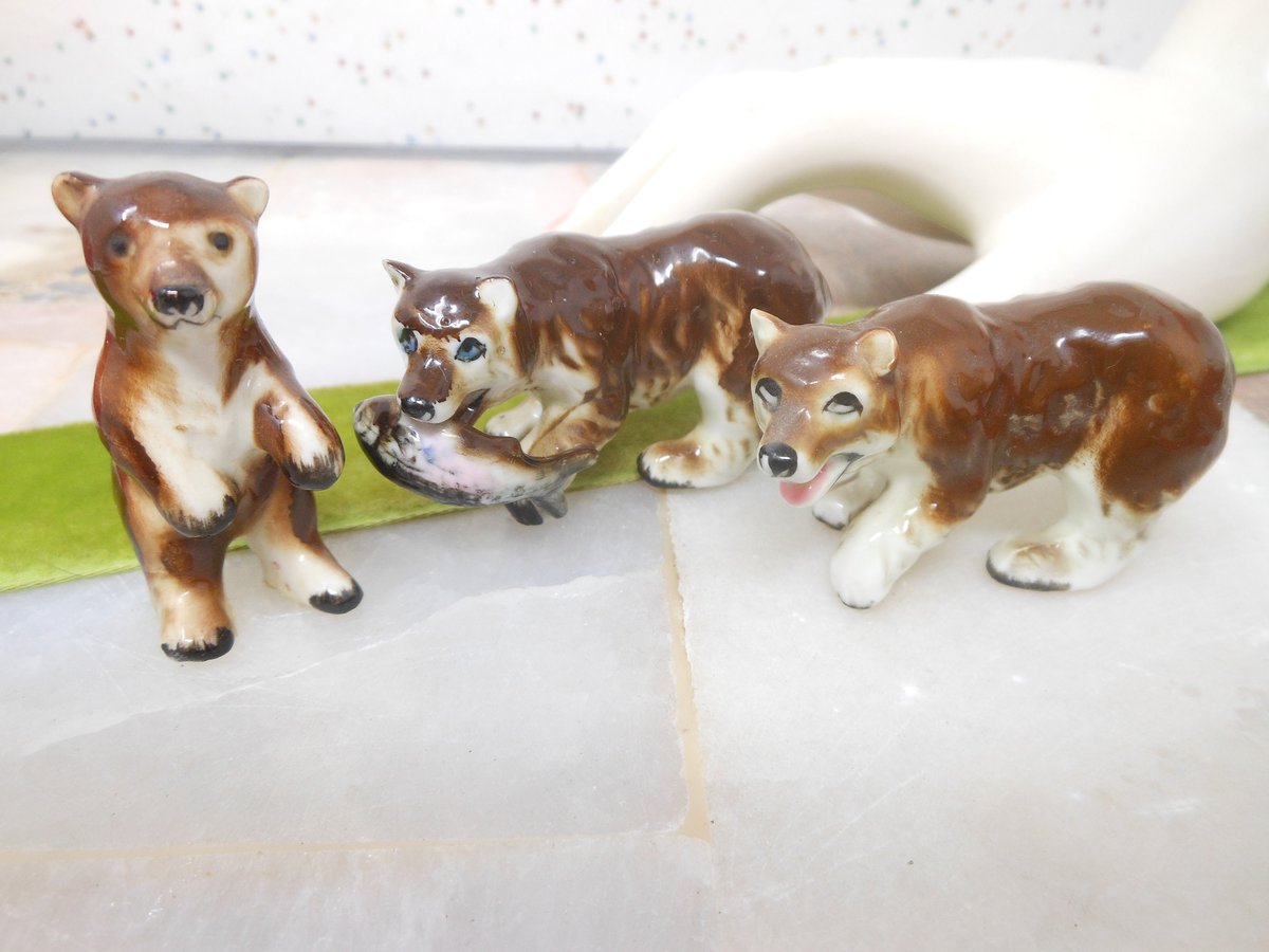 Vintage LOT 3 Miniature Bear Redware with Trout Fish Ceramic Porcelain Bone China Mini Figurine Mid Century Gift, VivianJoel.com