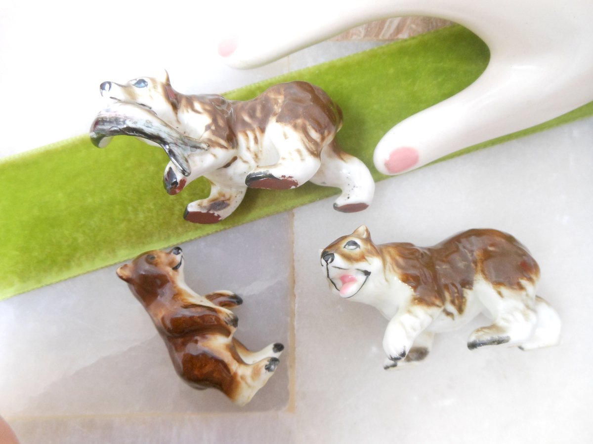 Vintage LOT 3 Miniature Bear Redware with Trout Fish Ceramic Porcelain Bone China Mini Figurine Mid Century Gift, VivianJoel.com