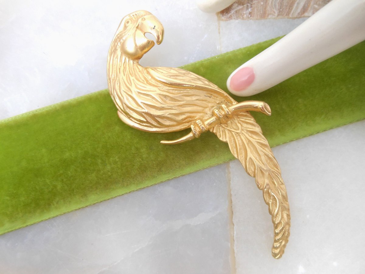 Vintage JJ Huge Parrot Bird Brooch Gold Plate Designer Pin Statement Drama Mid Century Jewelry Gift, VivianJoel.com