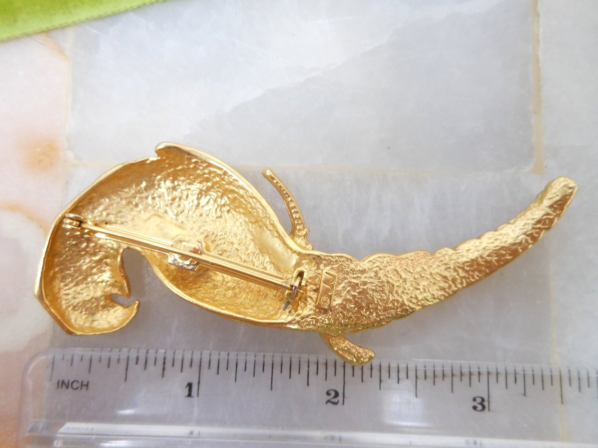 Vintage JJ Huge Parrot Bird Brooch Gold Plate Designer Pin Statement Drama Mid Century Jewelry Gift, VivianJoel.com