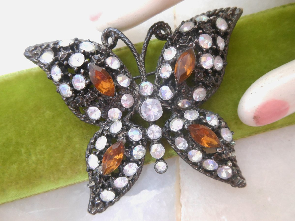 Vintage Big Butterfly Brooch Moth Pin Rhinestone Black Goth Figural Insect Jewelry Gift, VivianJoel.com