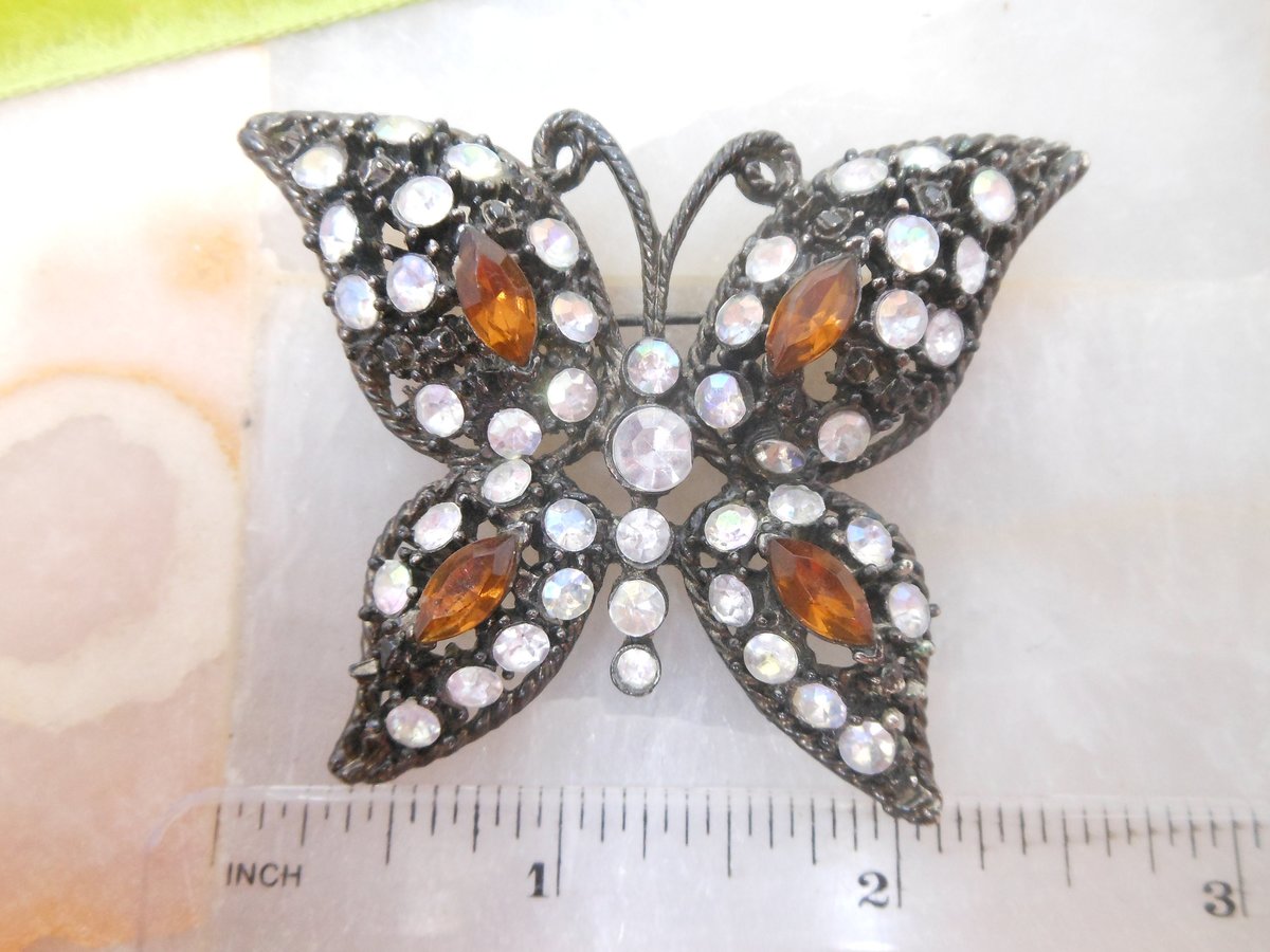 Vintage Big Butterfly Brooch Moth Pin Rhinestone Black Goth Figural Insect Jewelry Gift, VivianJoel.com