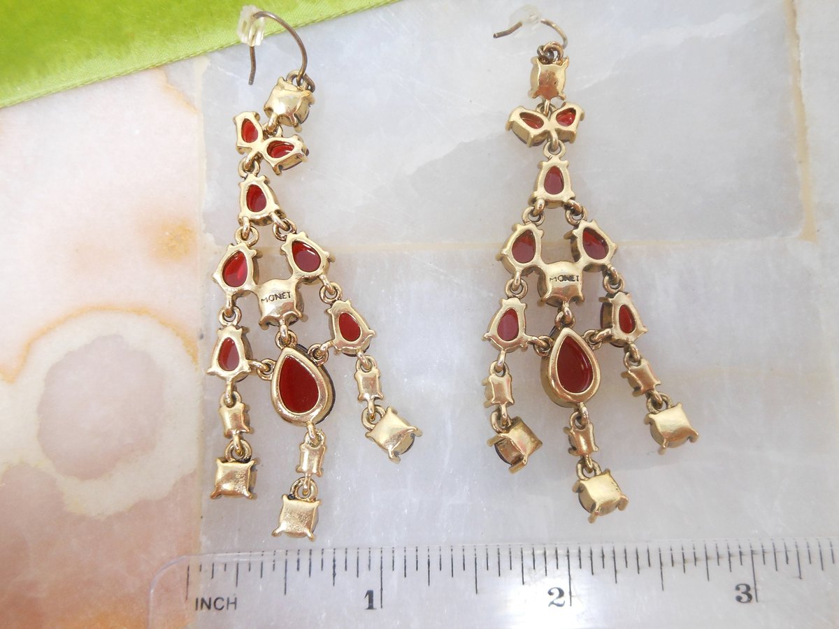 Vintage MONET Runway Designer Earrings Red Crystal Rhinestone Dangle Drop Chandelier Statement Designer Jewelry Gift, VivianJoel.com