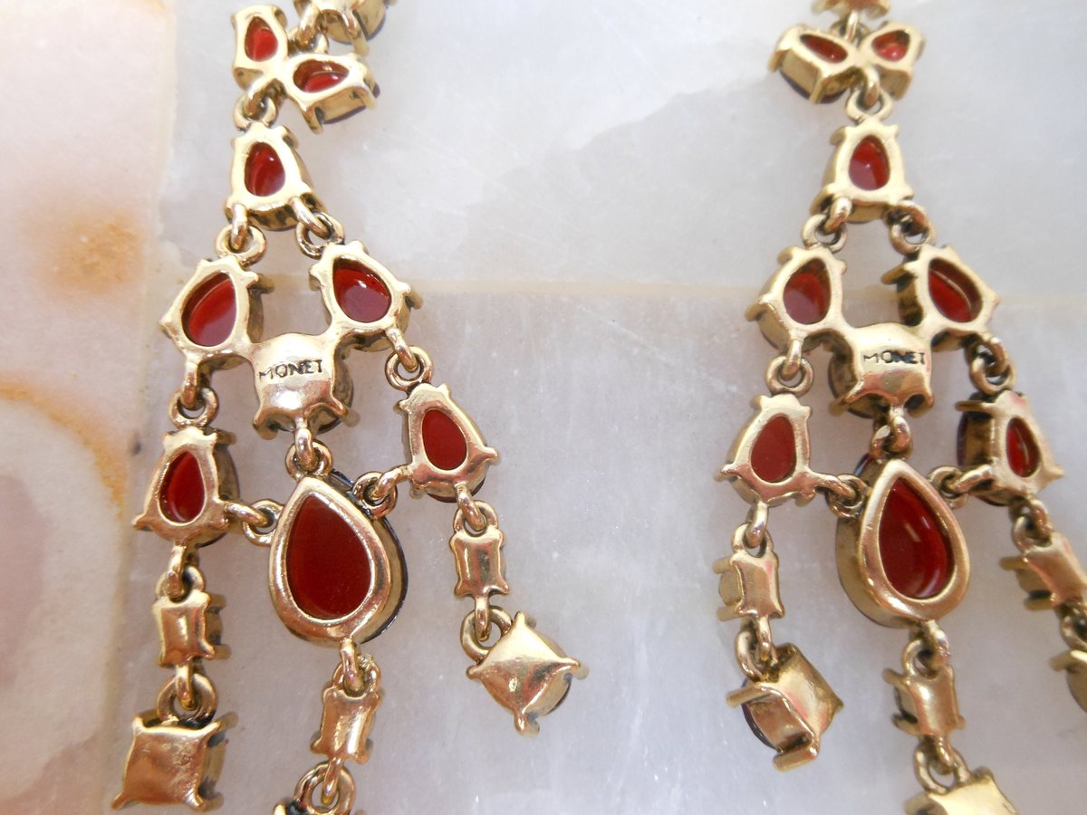 Vintage MONET Runway Designer Earrings Red Crystal Rhinestone Dangle Drop Chandelier Statement Designer Jewelry Gift, VivianJoel.com