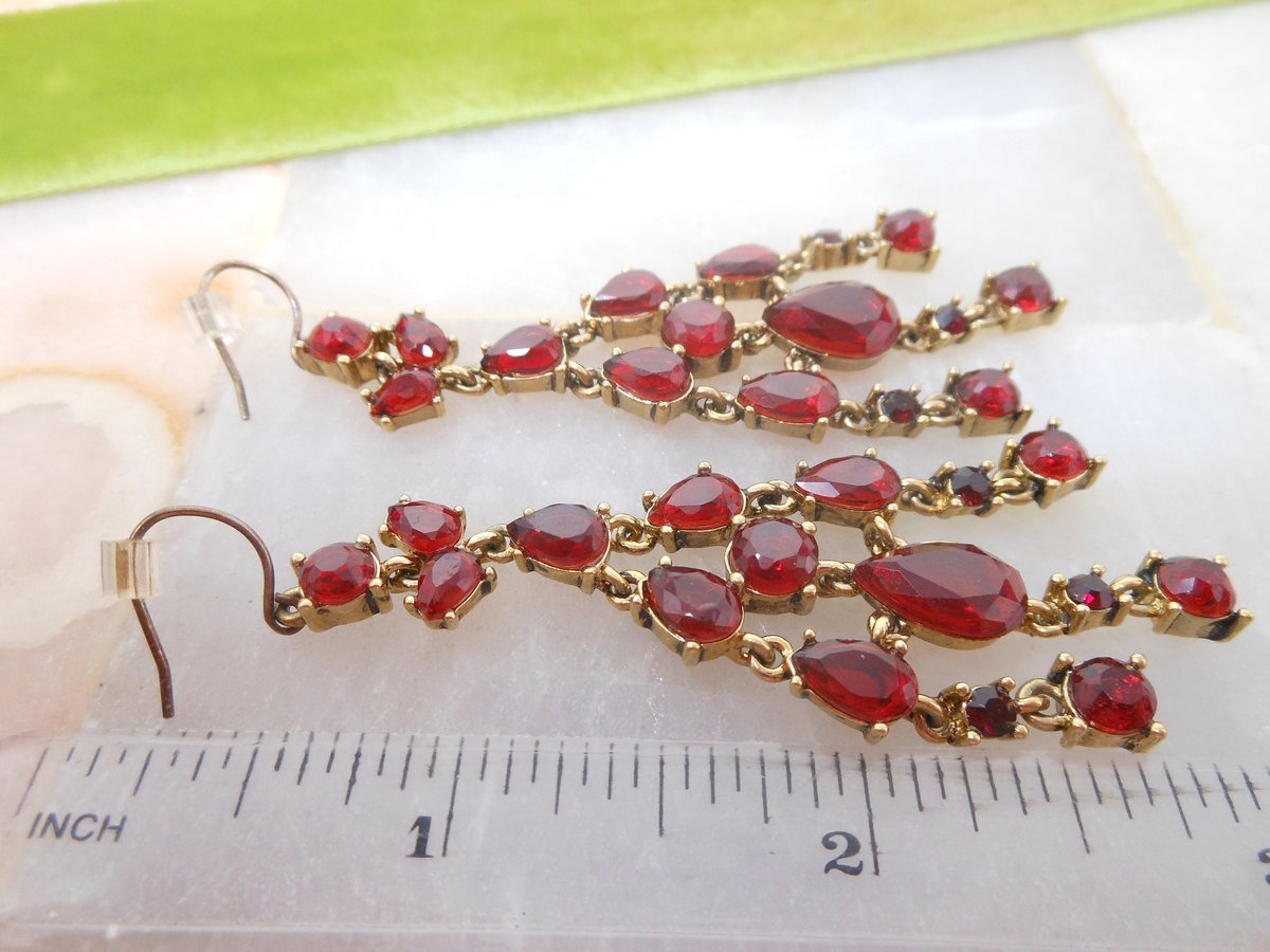 Vintage MONET Runway Designer Earrings Red Crystal Rhinestone Dangle Drop Chandelier Statement Designer Jewelry Gift, VivianJoel.com