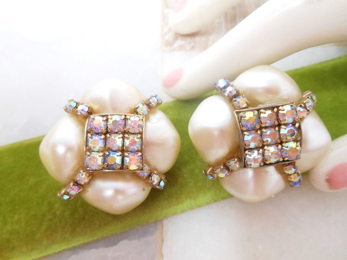 Vintage HOBE Designer Earrings Chunky Clip On Big Faux Pearl Aurora Borealis Rhinestone Mid Century Jewelry, VivianJoel.com
