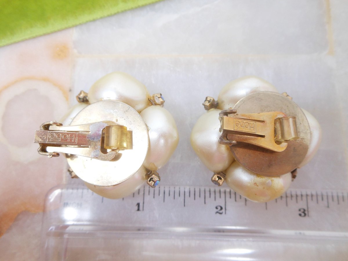 Vintage HOBE Designer Earrings Chunky Clip On Big Faux Pearl Aurora Borealis Rhinestone Mid Century Jewelry, VivianJoel.com