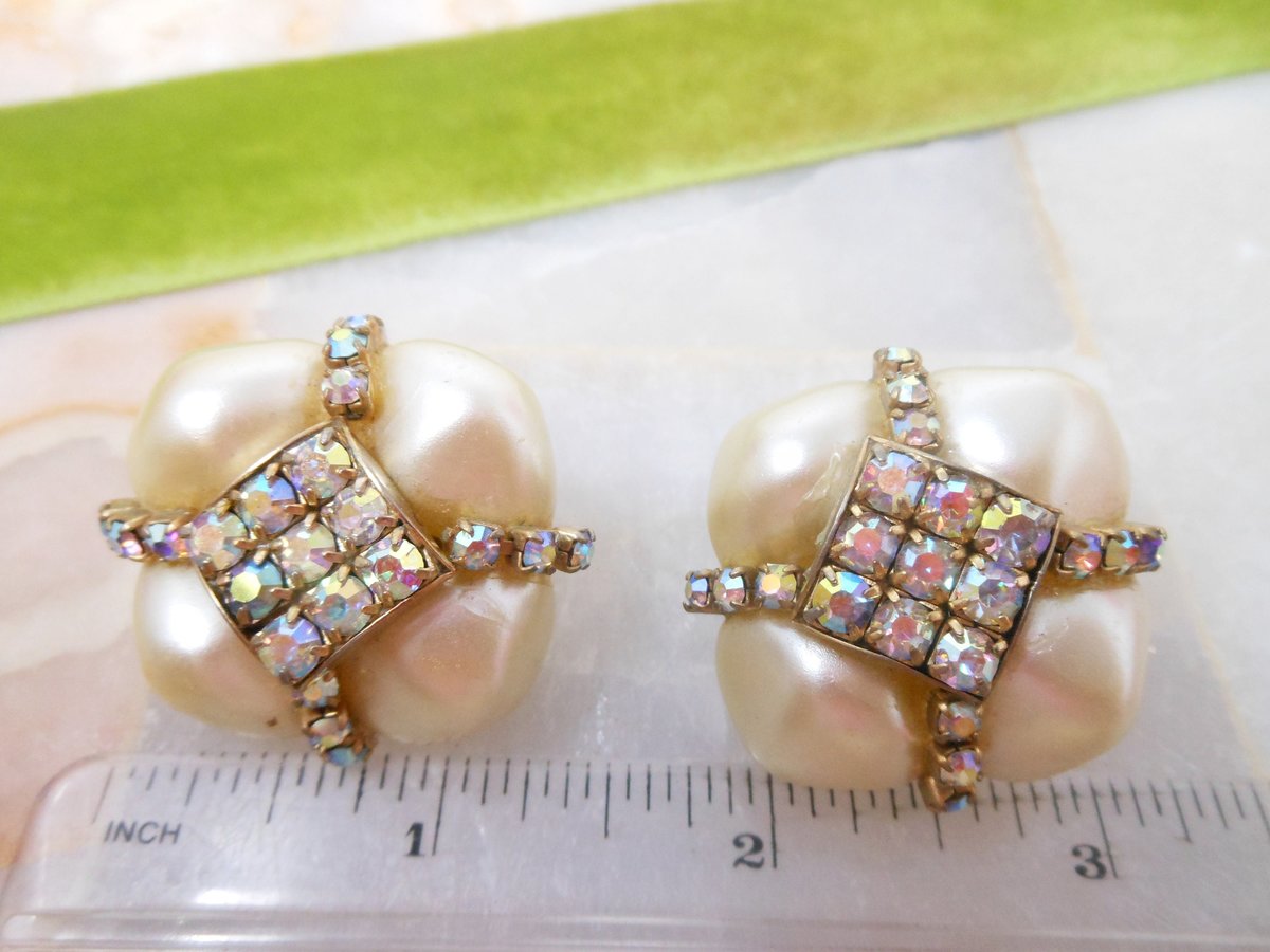 Vintage HOBE Designer Earrings Chunky Clip On Big Faux Pearl Aurora Borealis Rhinestone Mid Century Jewelry, VivianJoel.com