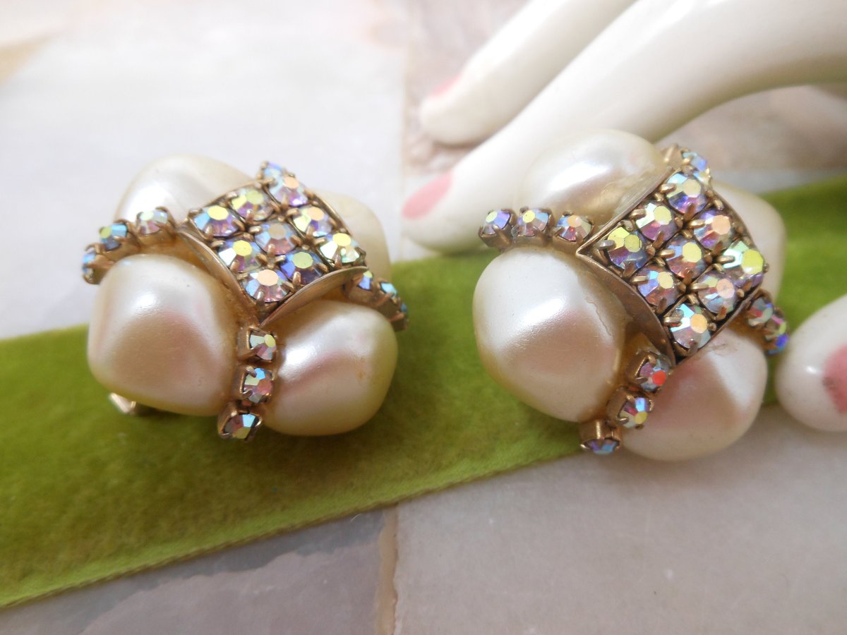 Vintage HOBE Designer Earrings Chunky Clip On Big Faux Pearl Aurora Borealis Rhinestone Mid Century Jewelry, VivianJoel.com