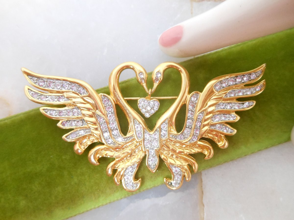 Vintage NOLAN MILLER Brooch Double Swan Pave Crystal Rhinestone Heart Pin Designer Valentine Love Jewelry Gift, VivianJoel.com