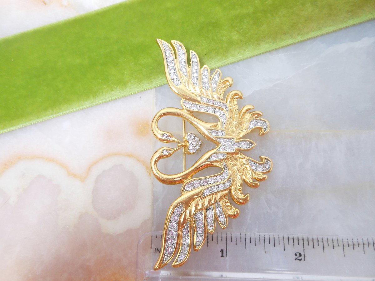 Vintage NOLAN MILLER Brooch Double Swan Pave Crystal Rhinestone Heart Pin Designer Valentine Love Jewelry Gift, VivianJoel.com