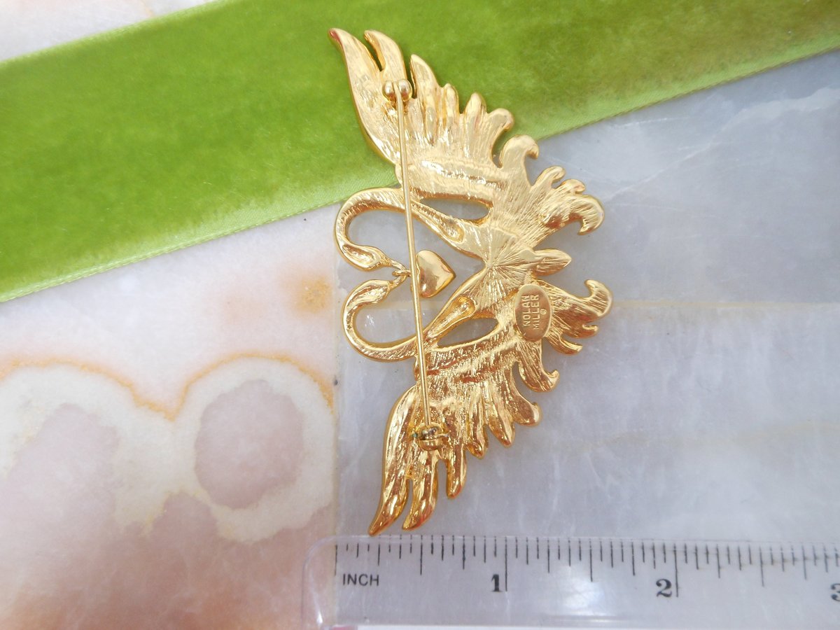 Vintage NOLAN MILLER Brooch Double Swan Pave Crystal Rhinestone Heart Pin Designer Valentine Love Jewelry Gift, VivianJoel.com