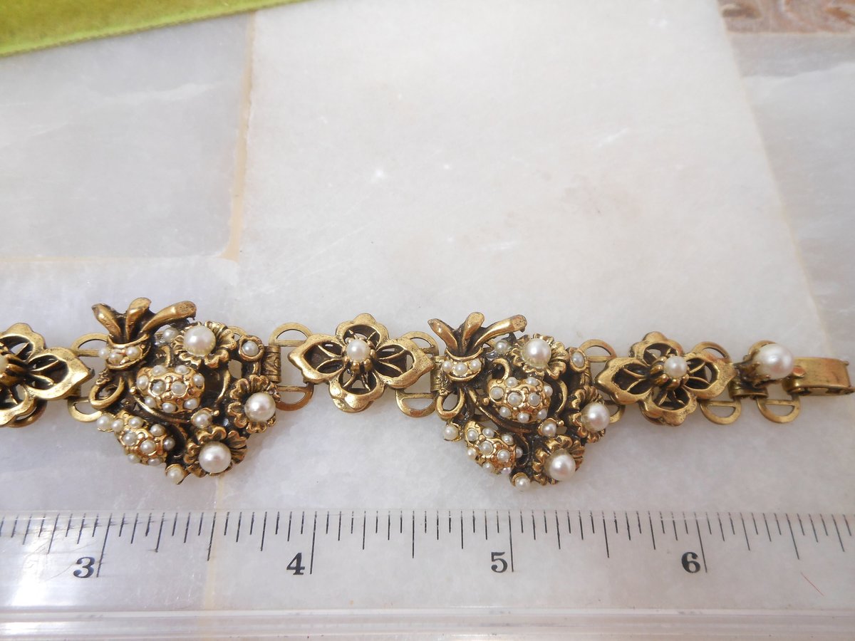 Vintage Art Nouveau Ornate Bracelet Faux Pearl Book Chain Antique Wedding Renaissance Jewelry Gift Mid Century, VivianJoel.com
