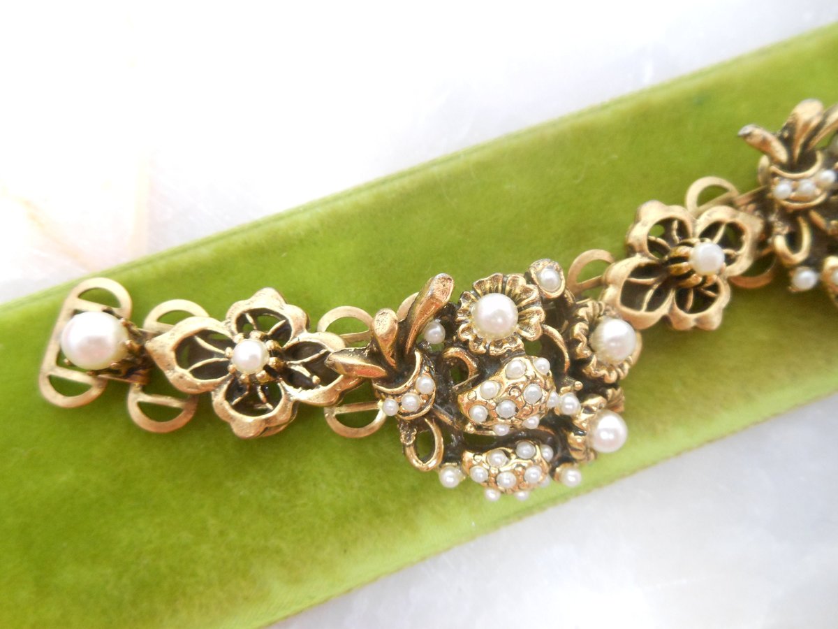 Vintage Art Nouveau Ornate Bracelet Faux Pearl Book Chain Antique Wedding Renaissance Jewelry Gift Mid Century, VivianJoel.com