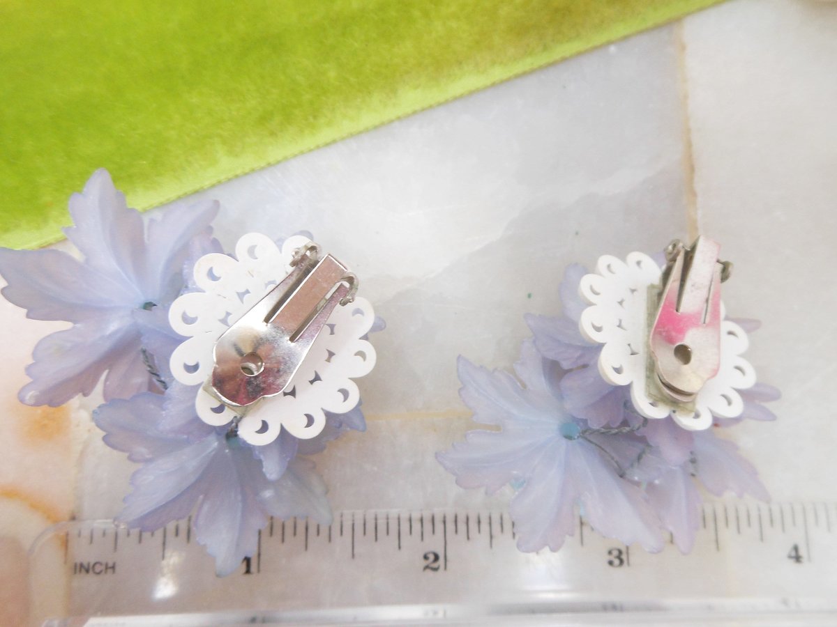 Vintage Jumbo Trembler Earrings Flower Clip On Blue Plastic Rhinestone Cluster Celluloid Jewelry Gift, VivianJoel.com