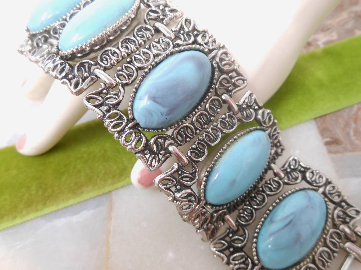 Vintage Bracelet Ornate Faux Blue Turquoise Wide Link Chunky Two Side Flip Link Selro Style Statement Jewelry Mid Century, VivianJoel.com